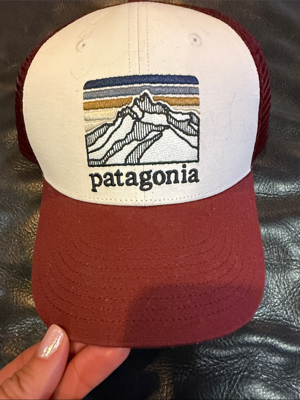 Patagonia Two-Tone Trucker Hat in White and Burgundy with Mountain Patch